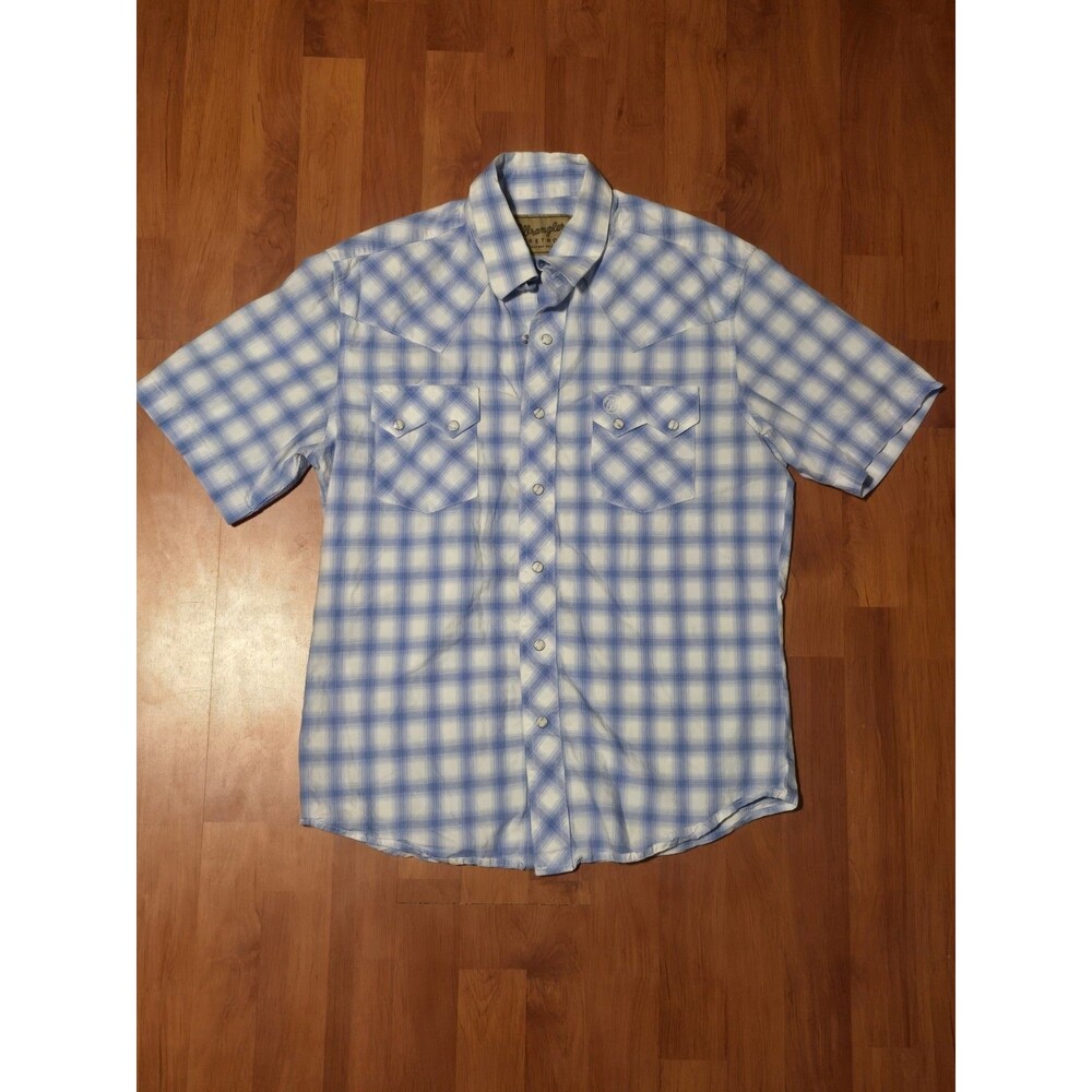 Wrangler Retro Western Pearl Snap Shirt Men’s M Blue White Plaid Short Sleeve